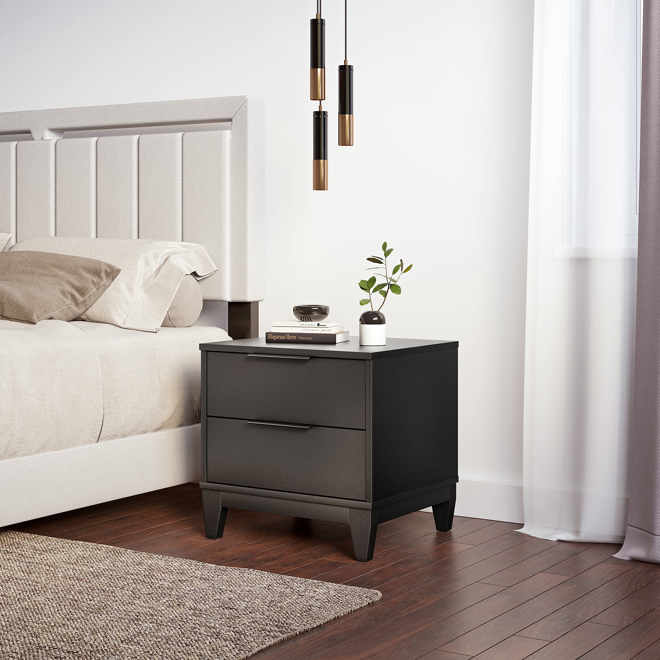 Boyd Sleep Bedroom Nightstand Bedside Table: Mackay Two Drawer Storage With Leg Base, Black (Amzmck15930Blknstd)